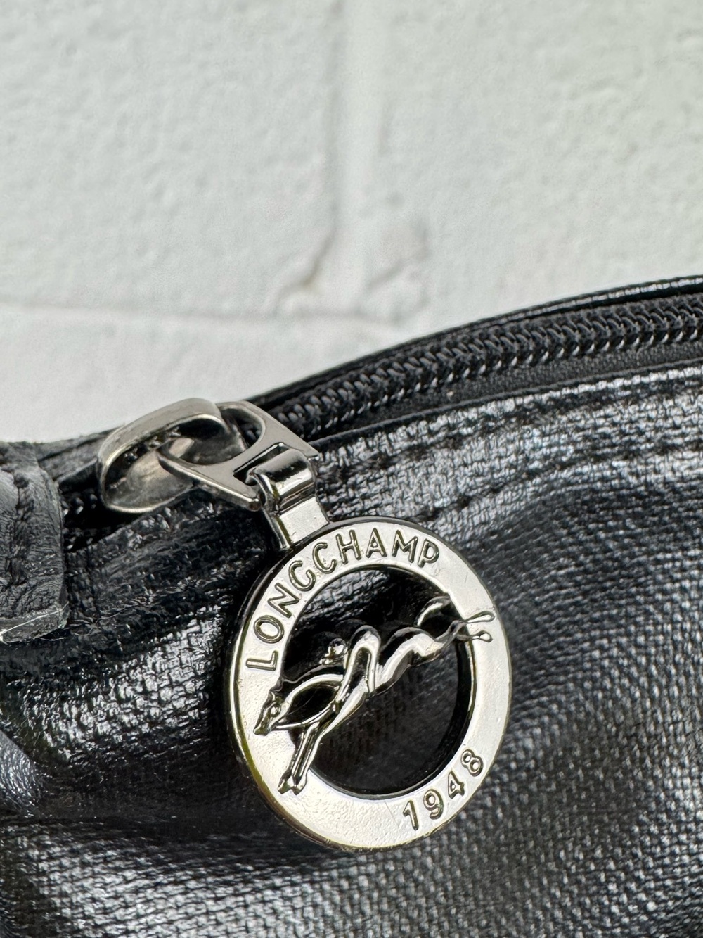 Longchamp Le Pliage Black Metallic Equestrian Logo Tote Bag Made in France - Picture 5 of 16